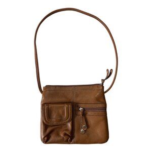 Tignanello Brown Leather Shoulder Bag Multi Pocket Organizer Purse